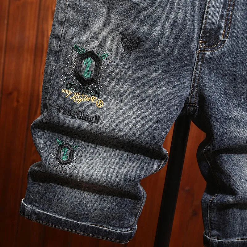 European Style Embroidered Denim Shorts for Men, Summer Thin Five-Point Shorts5Slim Fit American High Street Blue Shorts