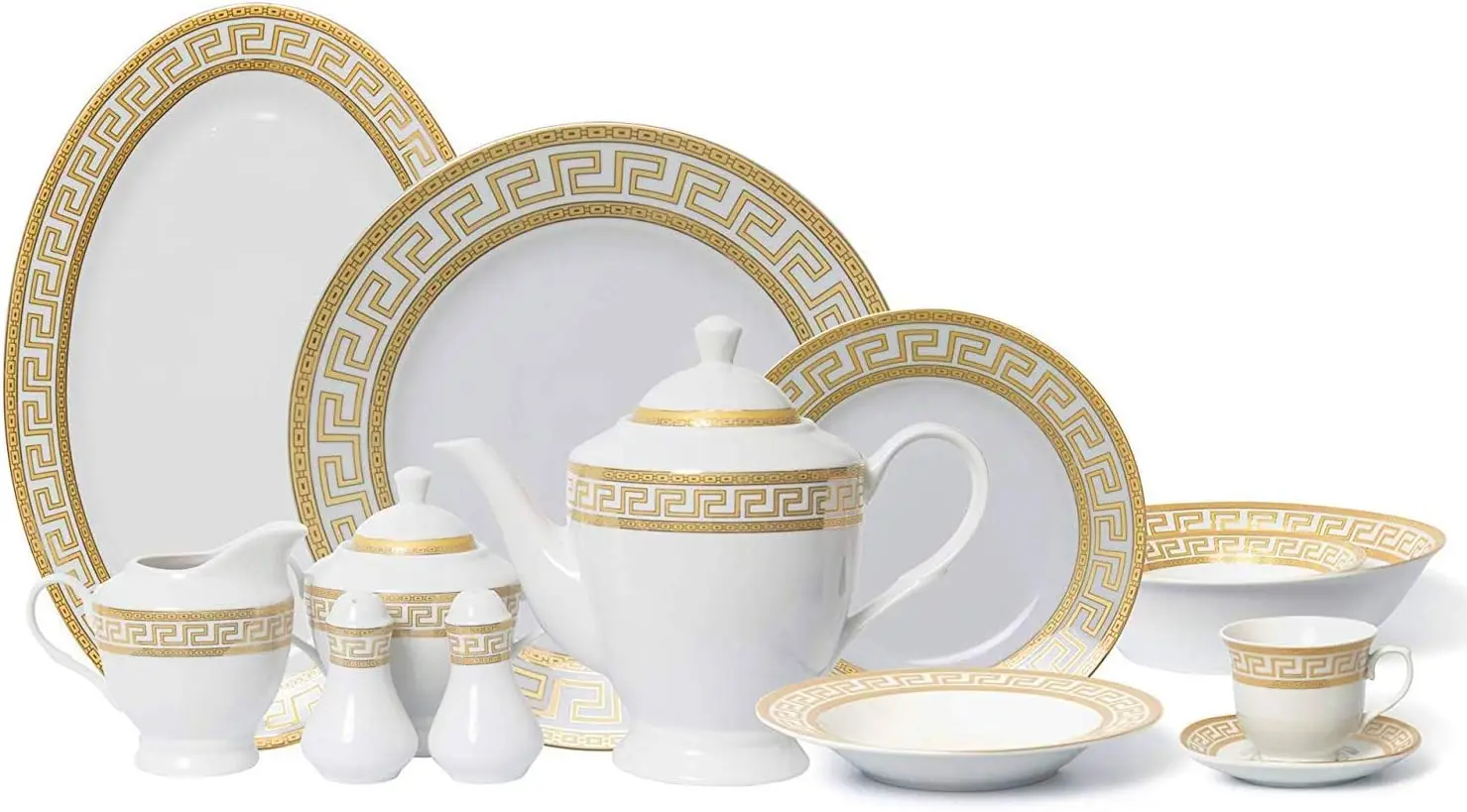 

Vintage Gold 57 piece Dinnerware Dish Serving Set 'Greek Key Gold' - HQ Fine China Tableware Service for 8