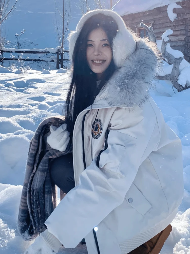 

Retro American White Large Fur Collar Parka Cotton Jaet Men Winter Thi Warm Couple ort Workwear Cotton Coat