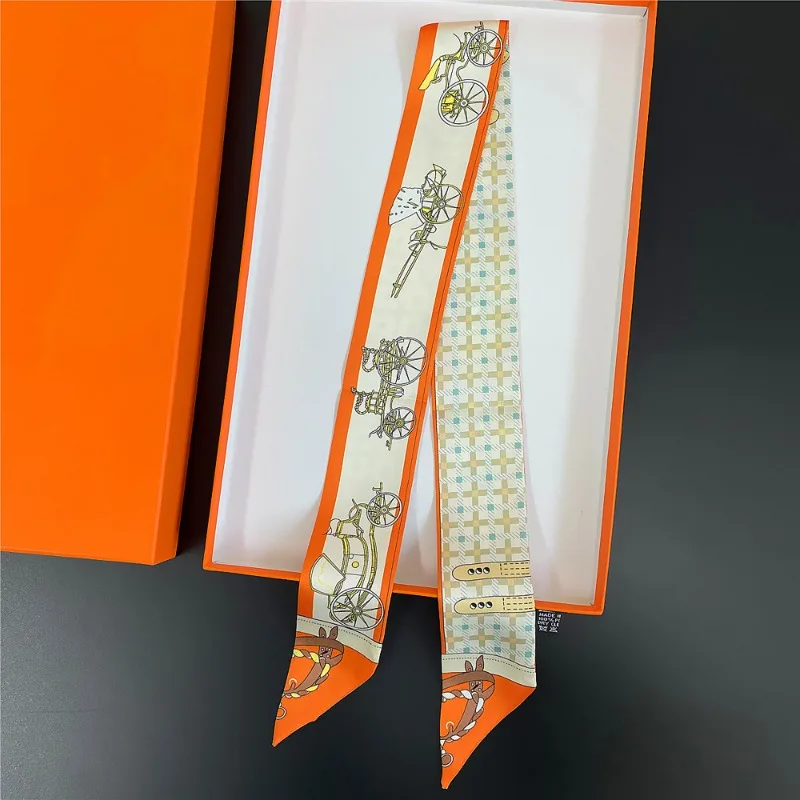 Classic Pumpkin Carriage Twill Silk Ribbon Silk Scarf Handbag Handle Wrap Bag Ribbon Scarf Women Girl Head Hair Wrist Decoration