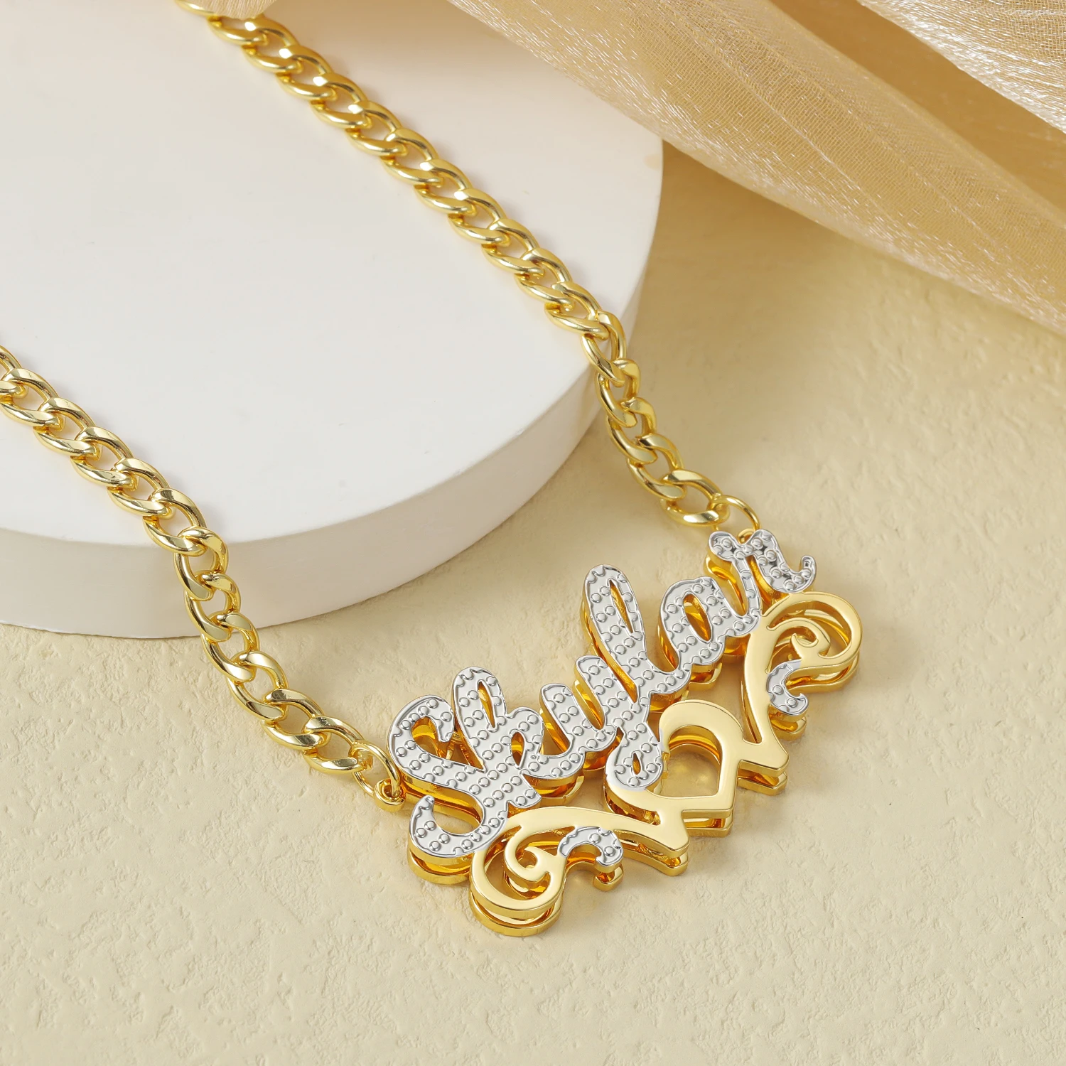 Dascusto Custom Necklace Double Plated Double Love Name Necklace For Women Name Plate Stainless Steel Name Pendant Charm Jewelry