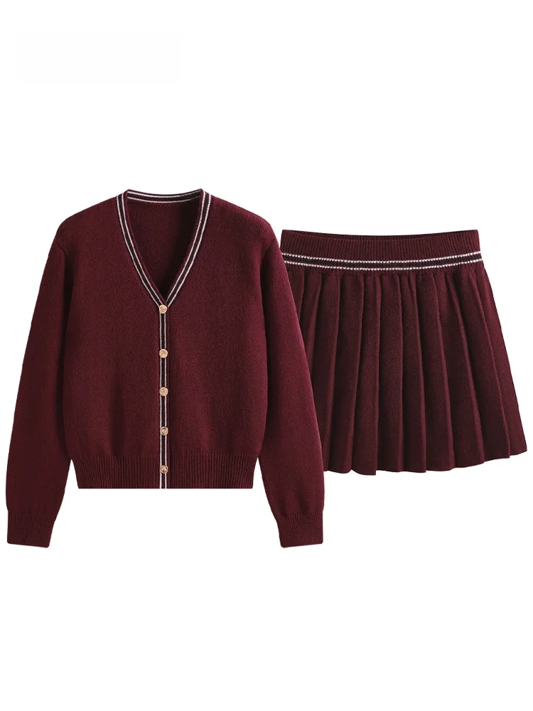 

JZZDEMM Faion Set Women's College Sle Double Stripe Open Cardigan Pleated Skirt Two Piece Set Cotton Autumn 2024
