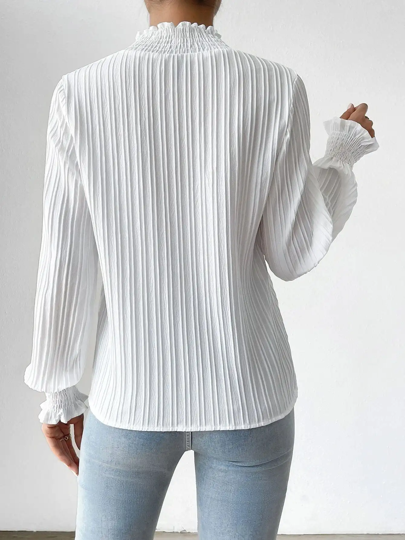 Camicette a maniche lunghe a sbuffo da donna con polsino Smocked collo alto Dressy autunno Casual Workout top Shirt