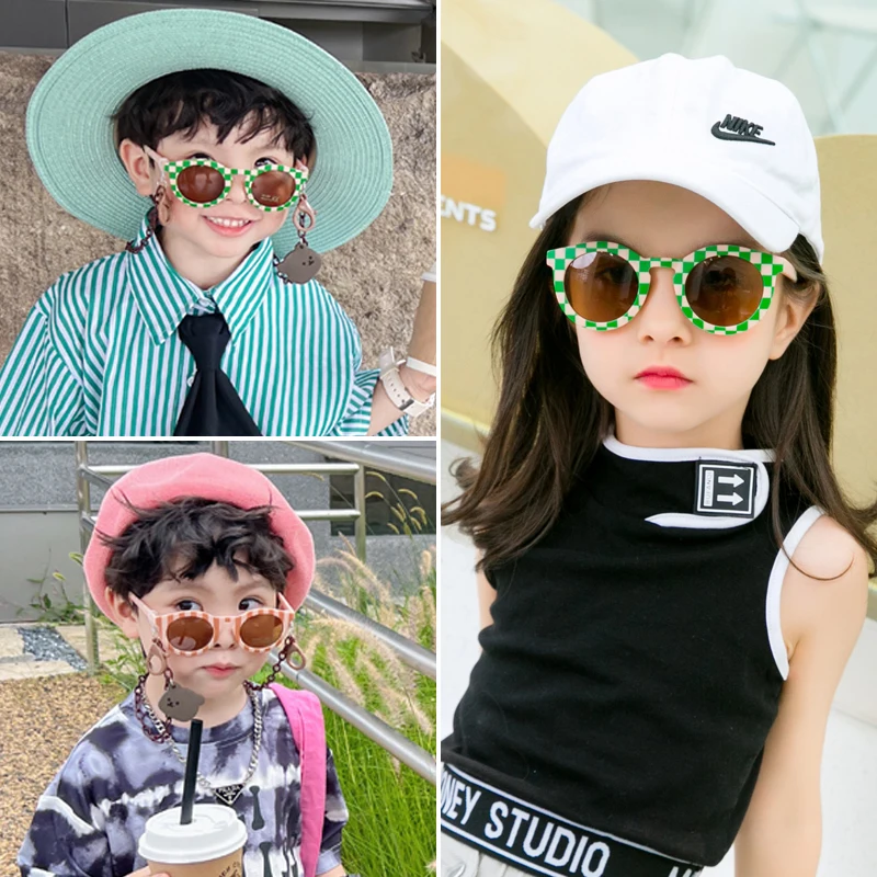 Children Cute Checker Panel Color Round UV400 Sunglasses Baby Girls Outdoor Sun Protection Sunglasses Kid Eye Protection Glasses