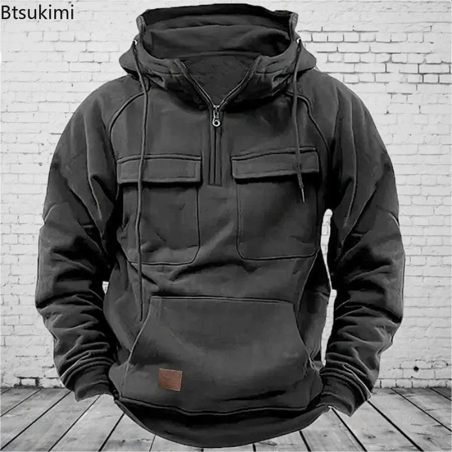 2024 Men's Hoodies Tactical Sweatshirts Half Zip Cargo Pullover with Big Pocket Men Outdoor Sports Gym Fitness Coats Loose Tops