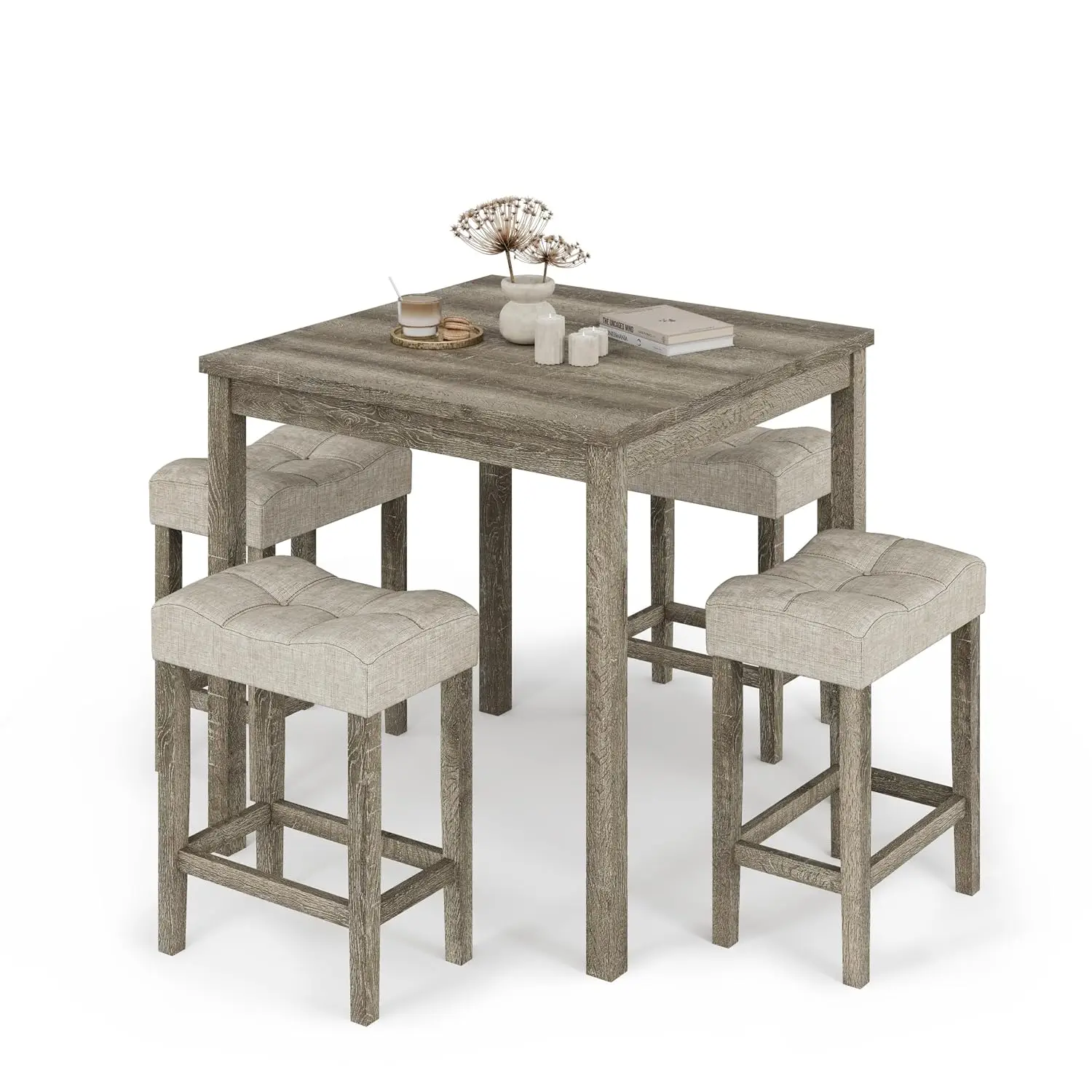 Modern Rectangular Dining Table Set 5-Piece Counter Height Kitchen Furniture 35 inch with 4 Stools Natural, Customized