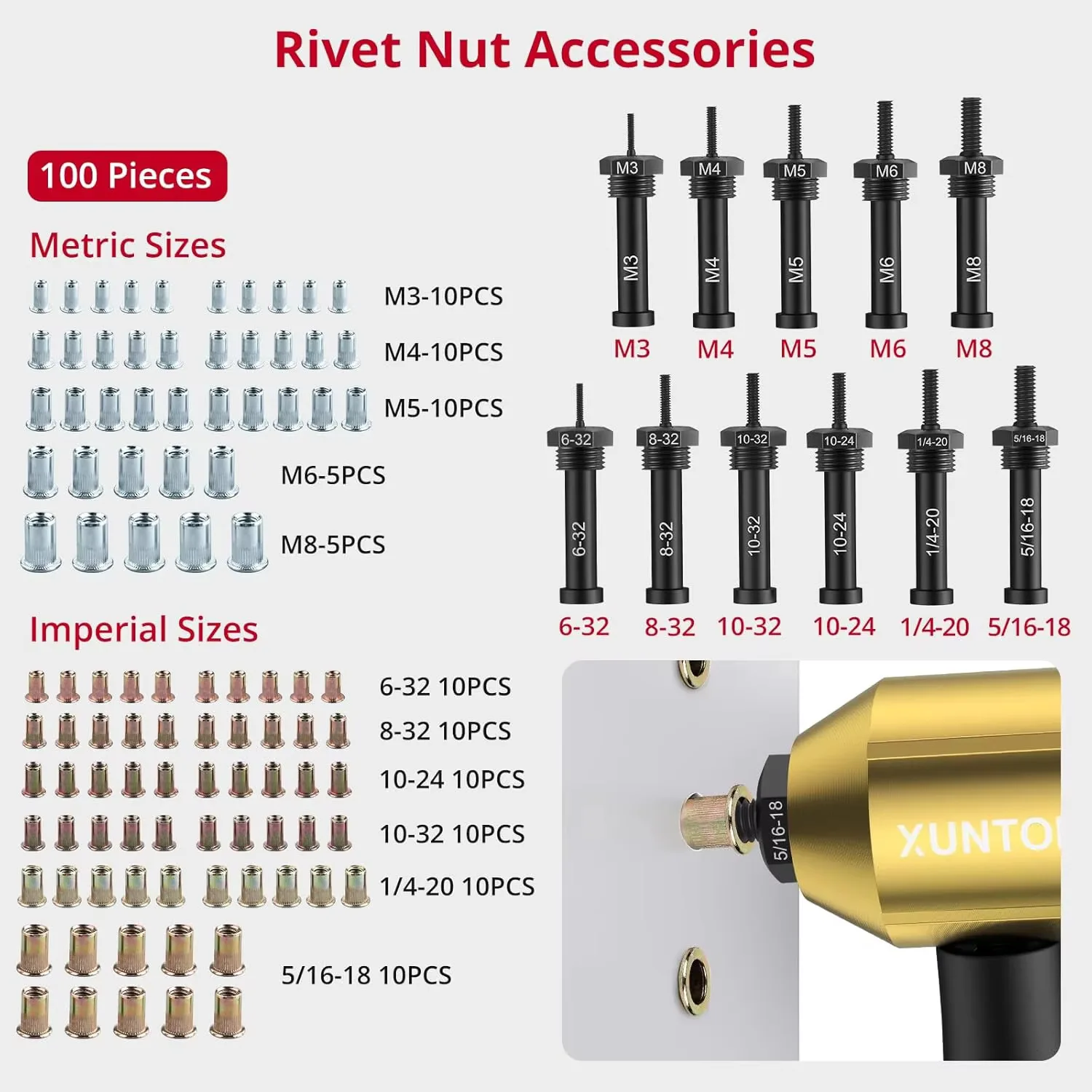 リベットナットドリルアダプターツールキット、アクセサリ、メートル法およびインペリアルサイズ、電動リベットガン用ナットガンアダプター、100個