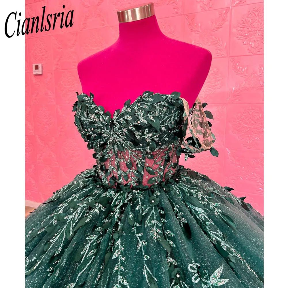 Emerald Green  Quinceanera Dresses Ball Gown Off The Shoulder Tulle Appliques Puffy Mexican Sweet 16 Dresses 15 Anos