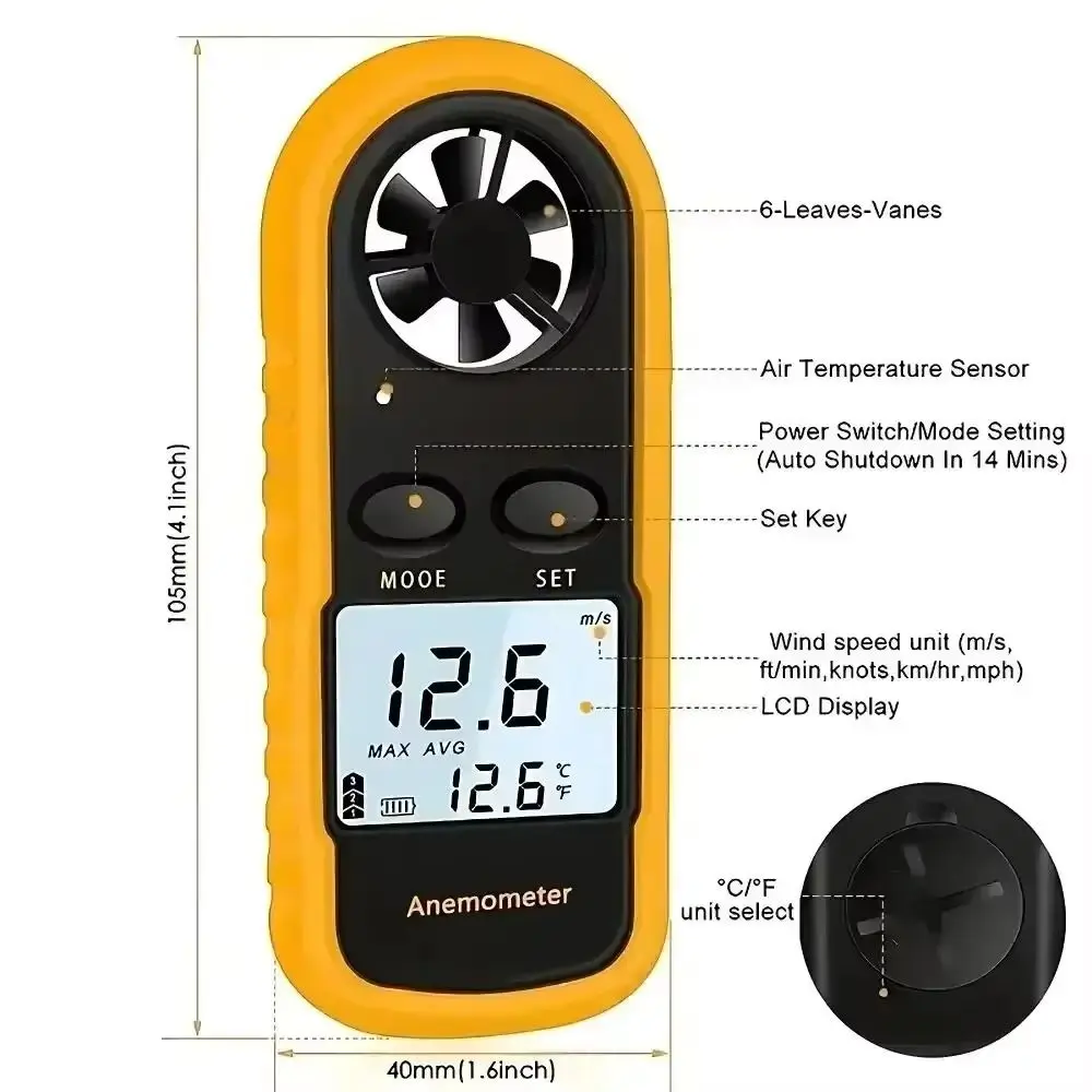 Anemometer Digital Mini Genggam Rentang 0-30m/s Pengukur Kecepatan Angin Layar LCD -10 ° C ~ 45 ° Alat Pengukur Kecepatan Udara
