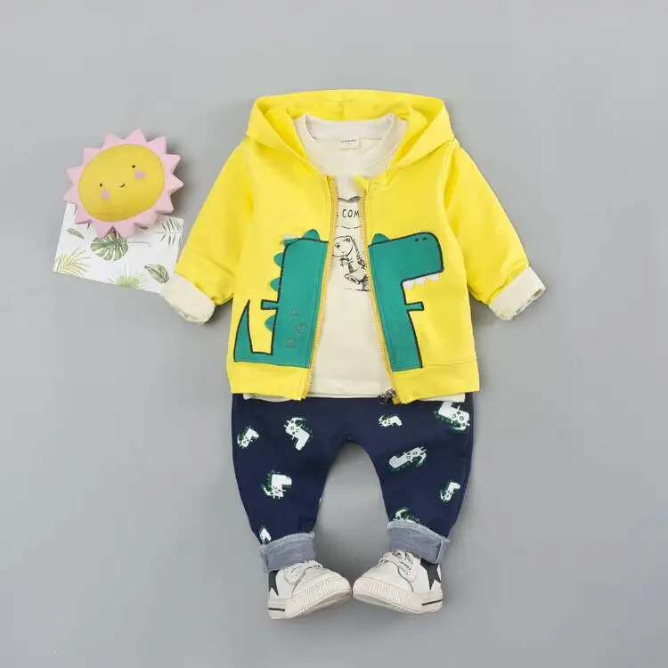 Baby boy clothes suit, spring and autumn cartoon printed dinosaur coat+cotton long-sleeved shirt+casual pants for handsome boys