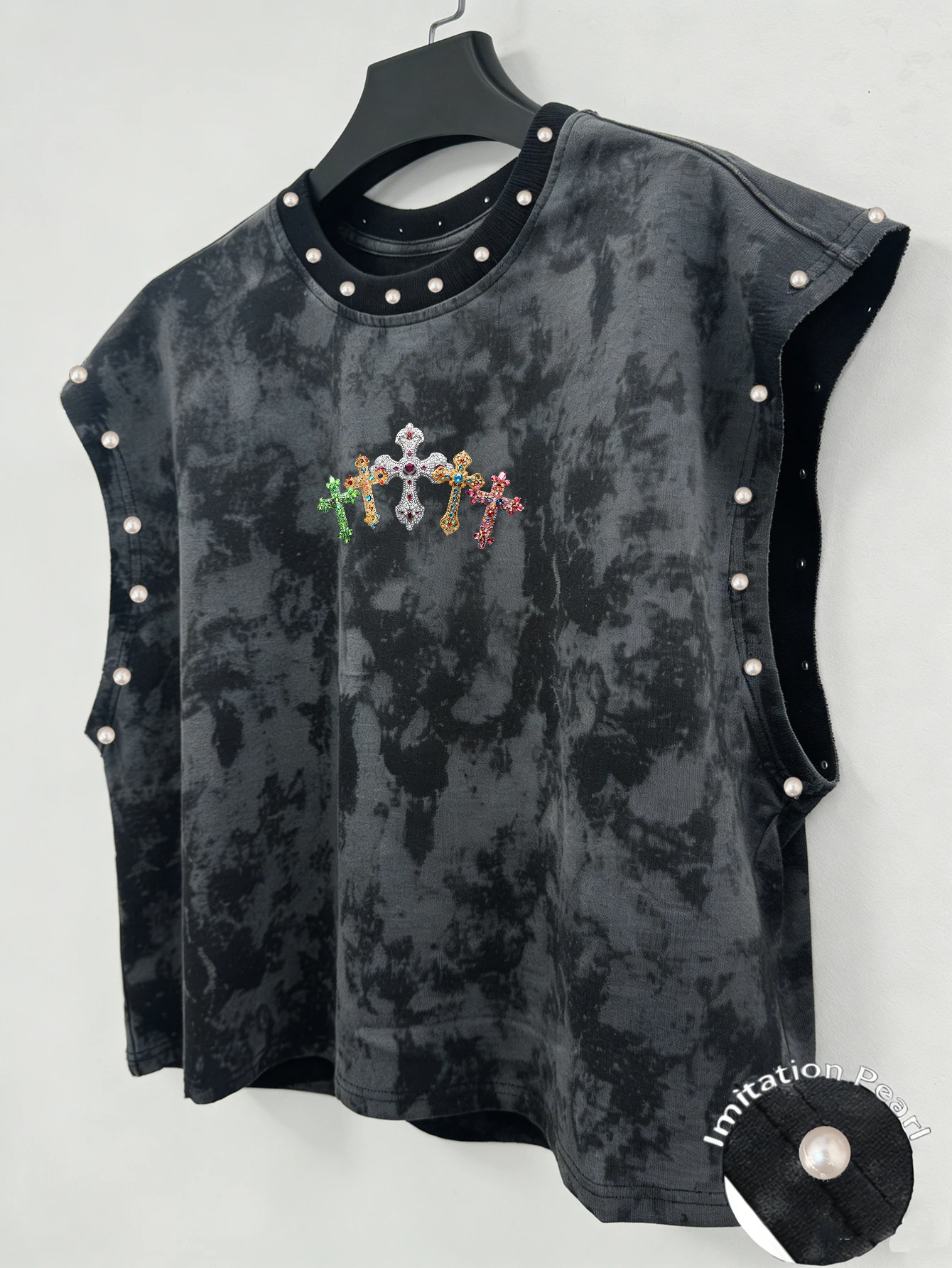Unisex Cropped Vest with Cross Print and Faux Pearls