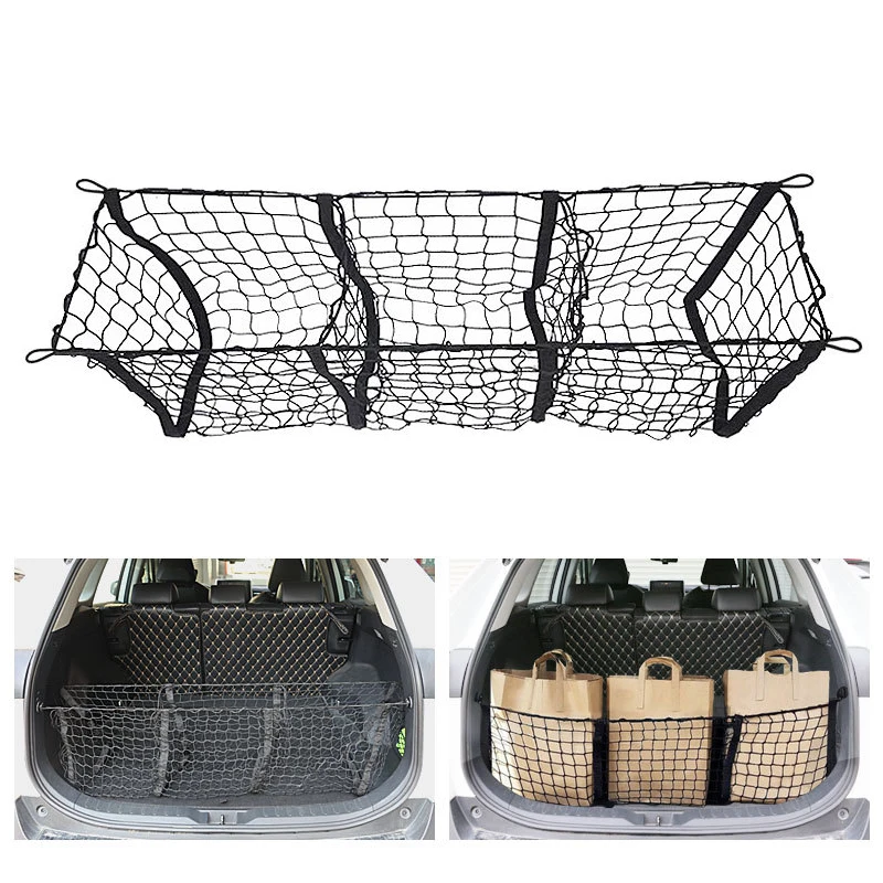 

3 Pockets Cargo Net Stretchy Trunk Storage Organizer Net Heavy-Duty Luggage Holder With Mount Kit For SUV Pickup Truck Van