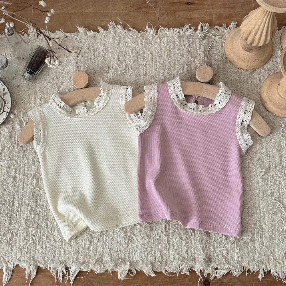 2026 Summer New Baby Girl Sweet Lace Collar Sleeveless T Shirts Baby Girl Cute Ribbed Tops Children Cotton Vest Toddler Clothes