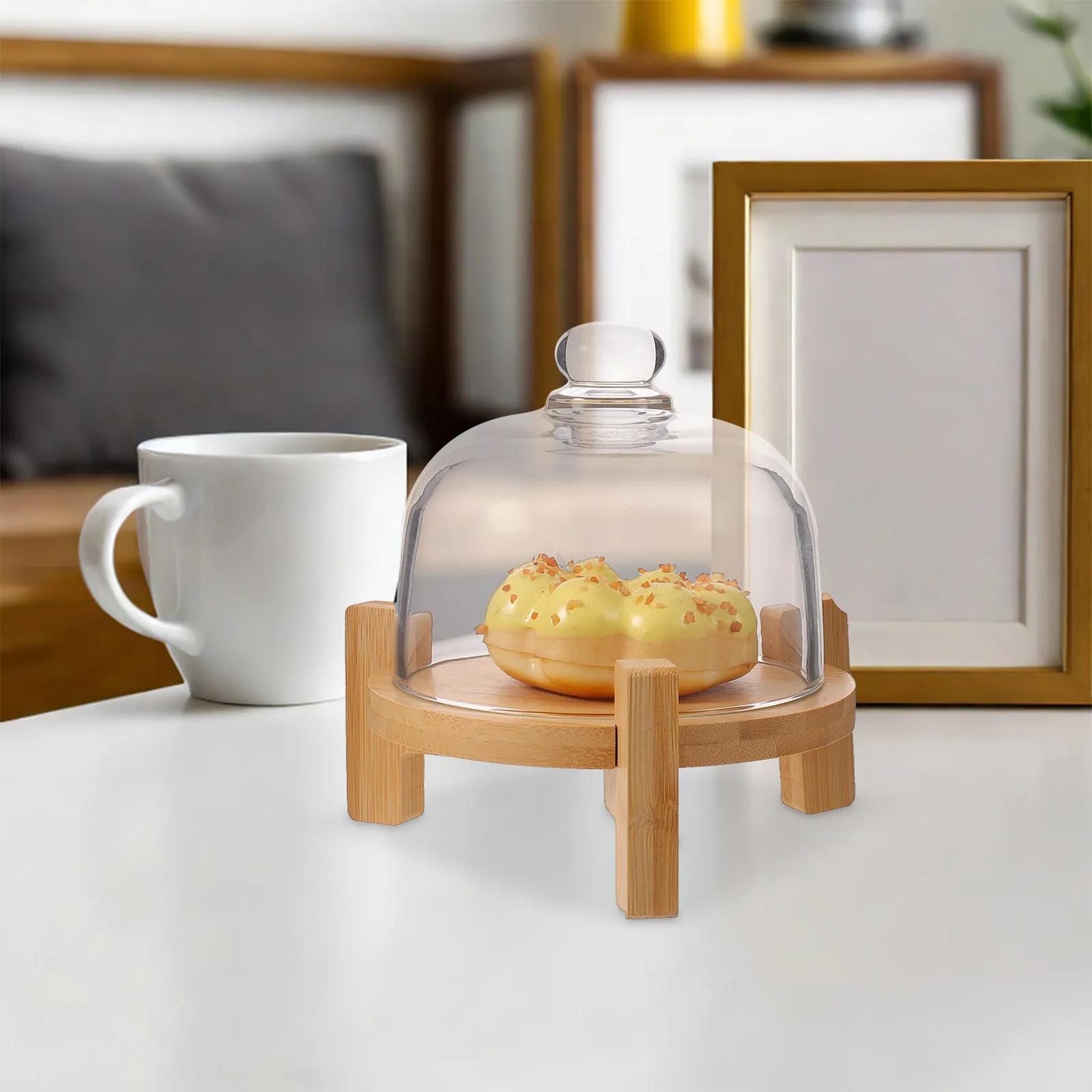 

Bamboo Cake Stand with Glass Dome Lid 13Cm Dessert Display Tray Pastry Serving Pedestal Dustproof Freshness Keeper for Cafes