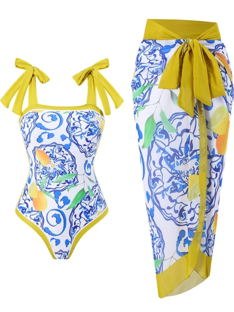 Retro-Bikini, bedruckt, modisch, zweiteiliger Badeanzug und Vertuschung mit Rock, eng anliegend, Damen-Verband, Sommer, Strand, Luxus, elegant, 2025