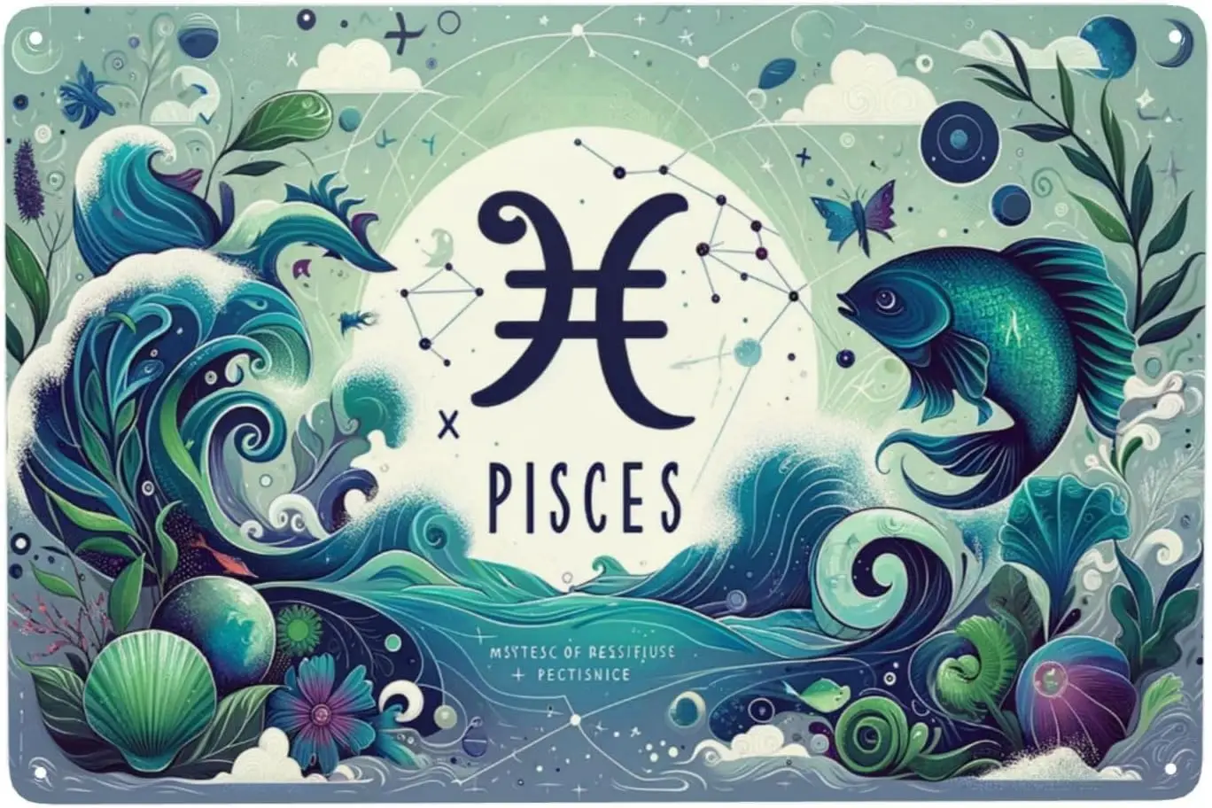 Enchanting Pisces Zodiac Art Tin Sign Cosmic Fish Horoscope Decor,Mystical Star Sign IndoorOutdoor Metal Plaque,Vintage Ast sign
