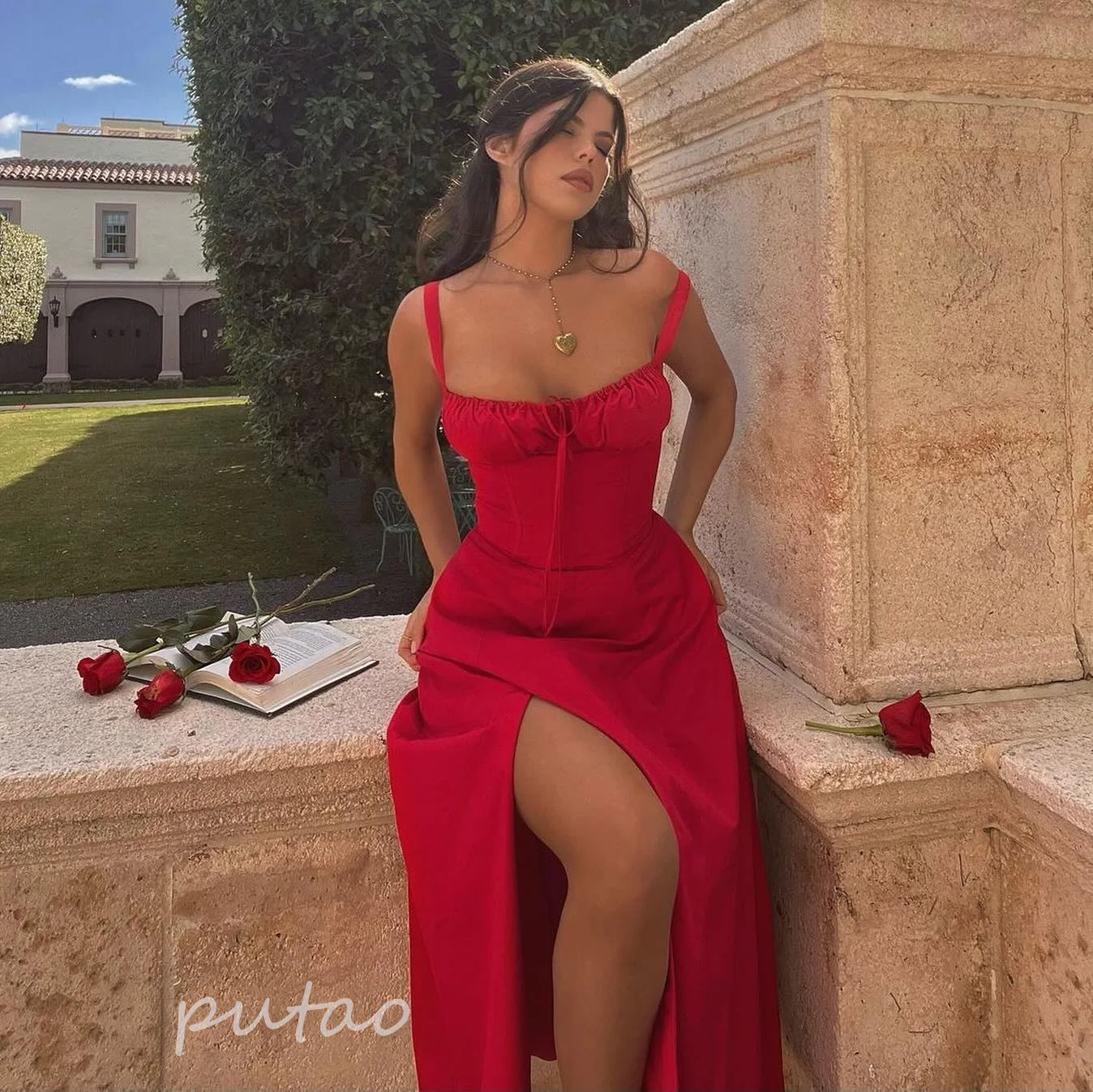 PuTao-vestido Midi elegante para mujer, traje Sexy con tirantes finos y cordones, color rojo, para fiesta y vacaciones, verano, 2024