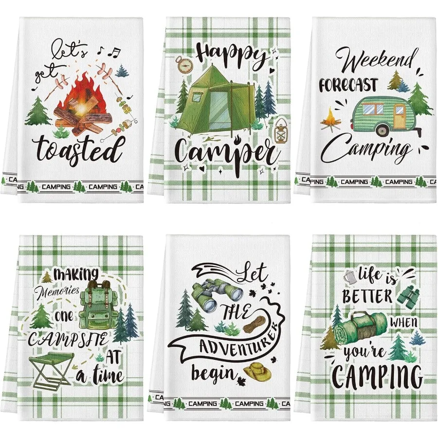 

6 шт. кухонные полотенца для кемпинга, летняя палатка для костра, автомобильная тряпка для мытья посуды на открытом воздухе Happy Camper, ручные чайные полотенца, декоративный набор, впитывающий C