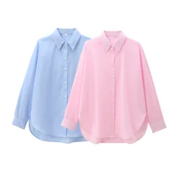 Tangada 2024 Women Blue Oversized Shirt Long Sleeve Female Cotton Blouse Tops PS078