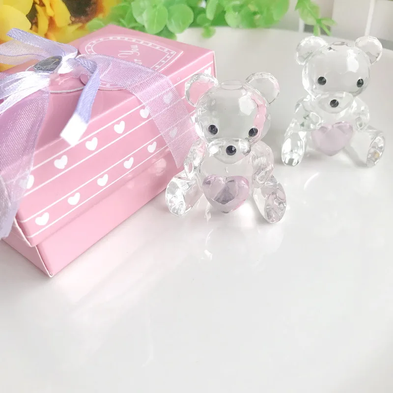 Bear Figurines with Blue and Pink Heart for Boys and Girls, Crystal Collection, Baby Shower Favors, 6PCs Choice