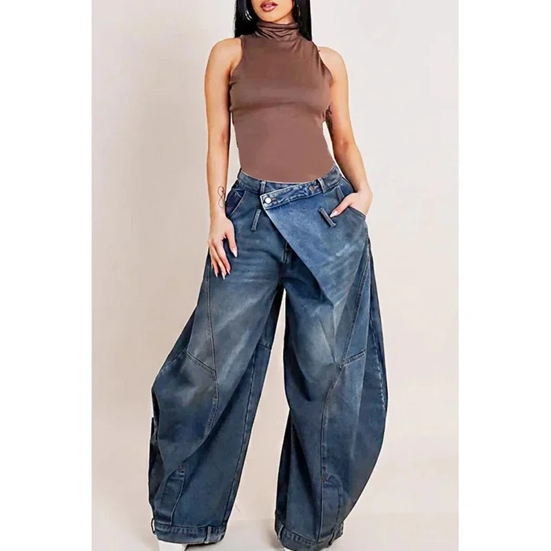Y2K Women Loose Denim Jeans Asymmetric Button Pocket Washed Jean Casual Harajuku High Street Grunge Denim Trouders Pants