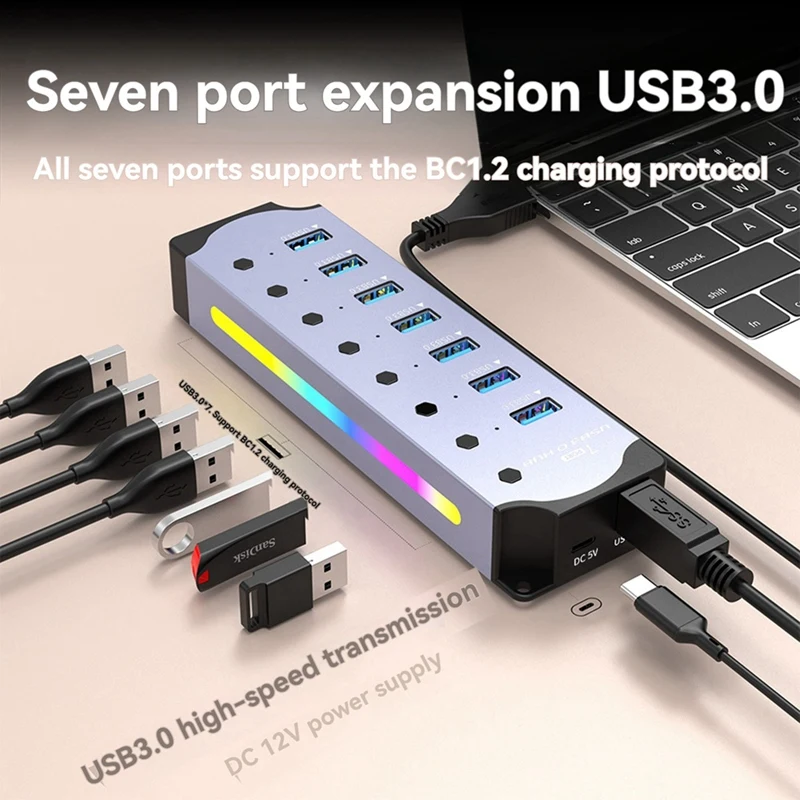 USB 3.0 Hub, 7-Port RGB Hub With LED Strip,Dynamic Modes,Switches, Aluminum Case Hub For PC,Laptops EU Plug