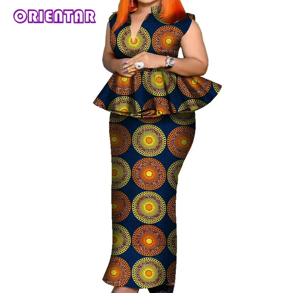 African Outfits Women 2 Pcs Set African Print Sleeveless Blouse and Long Skirt Women Suit Plus Size African Clothes WY8049