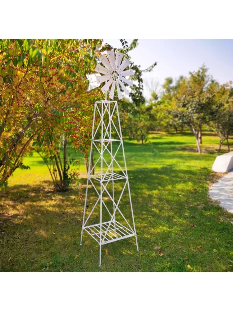 Iron Big Windmill Outdoor Flower Stand Decoration Indoor Balcony Garden Courtyard Chamfer Multi-Layer Shelf Storage Rack Decor