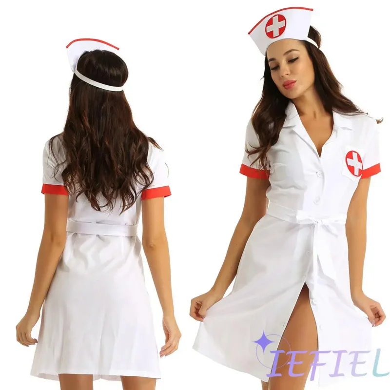 Naughty Nurse Cosplay Fancy Dress Halloween Role Play Outfit Uniform Temptation Theme Party Hospital Workwear Set Dress Belt Hat