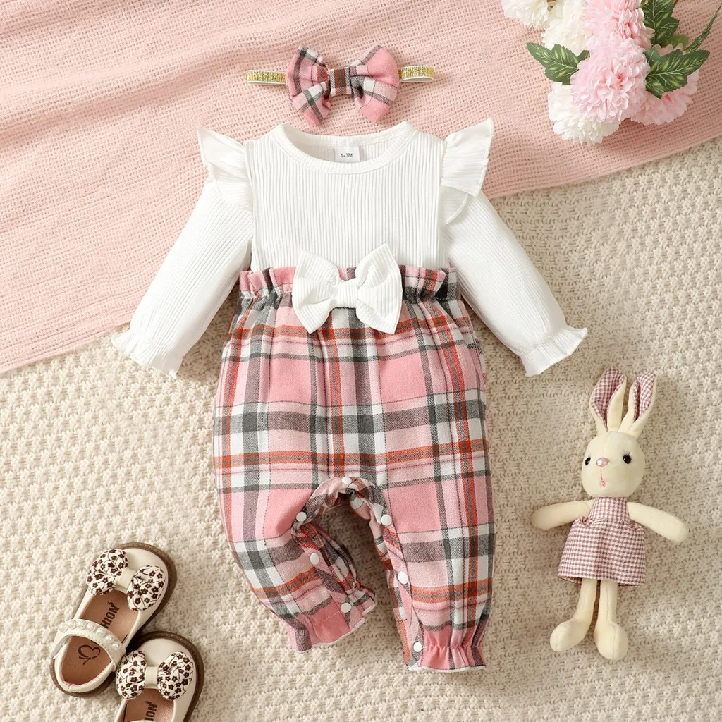 

Newborn Baby Girl Romper Long Sleeved Checkered Jumpsuit Paired with Cute Headband 2PCS Autumn Fashion Costume for 1-18Months