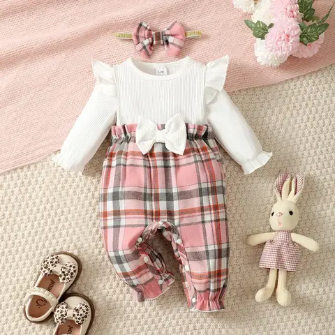 Romper for 1-18Months Newborn Baby Girl Long Sleeved Checkered Jumpsuit Paired with Cute Headband 2PCS Autumn Fashion Clothing