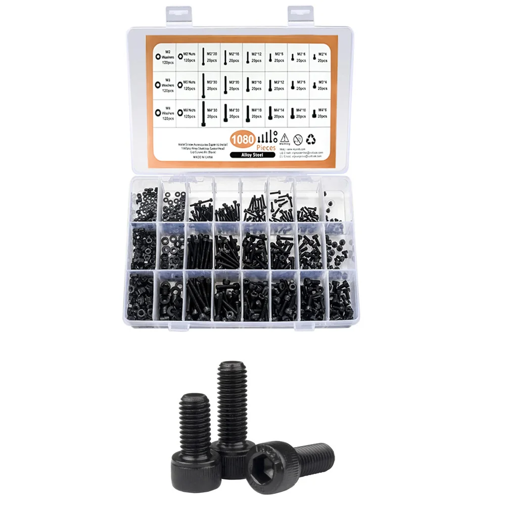 1080Pcs M2 M3-M4 Hex Socket Cap Screw Kit Grade 12.9 Carbon Steel Black Oxide Bolts Nuts Washers Set For Machinery 3D-Printer RC view 5