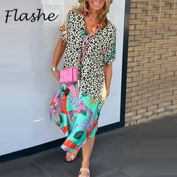 Summer Leopard Printed Maxi Dresses Plus Size Women Casual V Neck Short Sleeve Long Dress Beach Holiday Dress For Women Robe