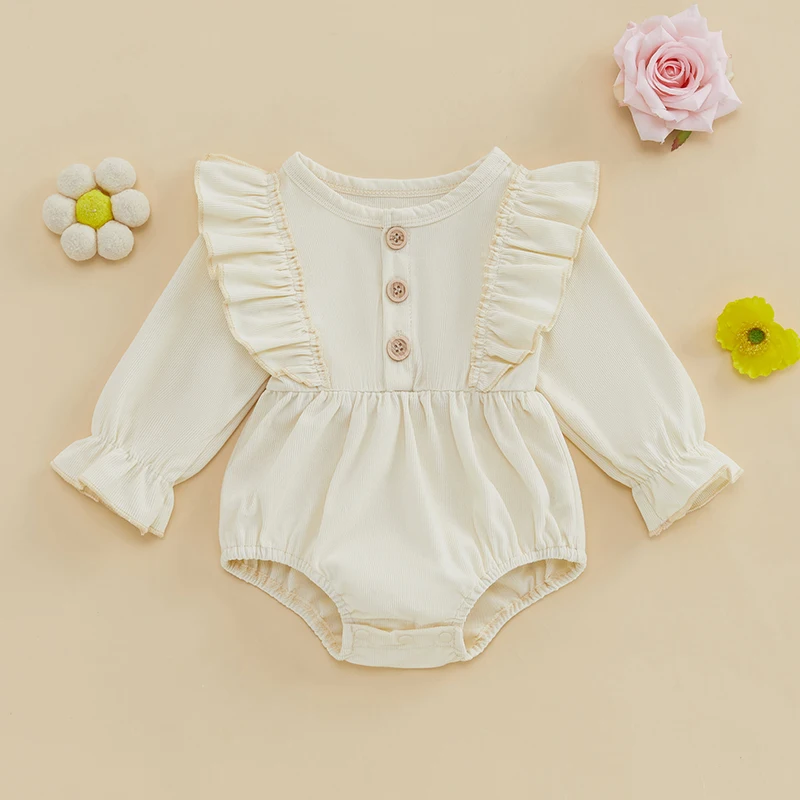 

Infant Baby Girls Spring Autumn Romper Long Sleeve Round Neck Solid Color Button Romper