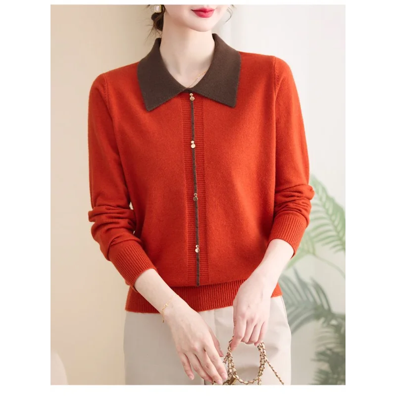 

Свитер с лацканами, свободный модный пуловер на пуговицах, цветной контрастный модный повседневный топ с длинными рукавами