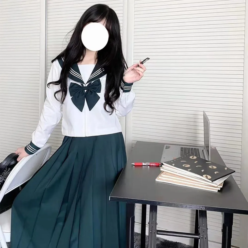 Japanese Bad Style JK School Uniform,Dark Green Three-line Sailor Outfit,Skirt Suit for Graduation Photo&Daily Casual Outfit