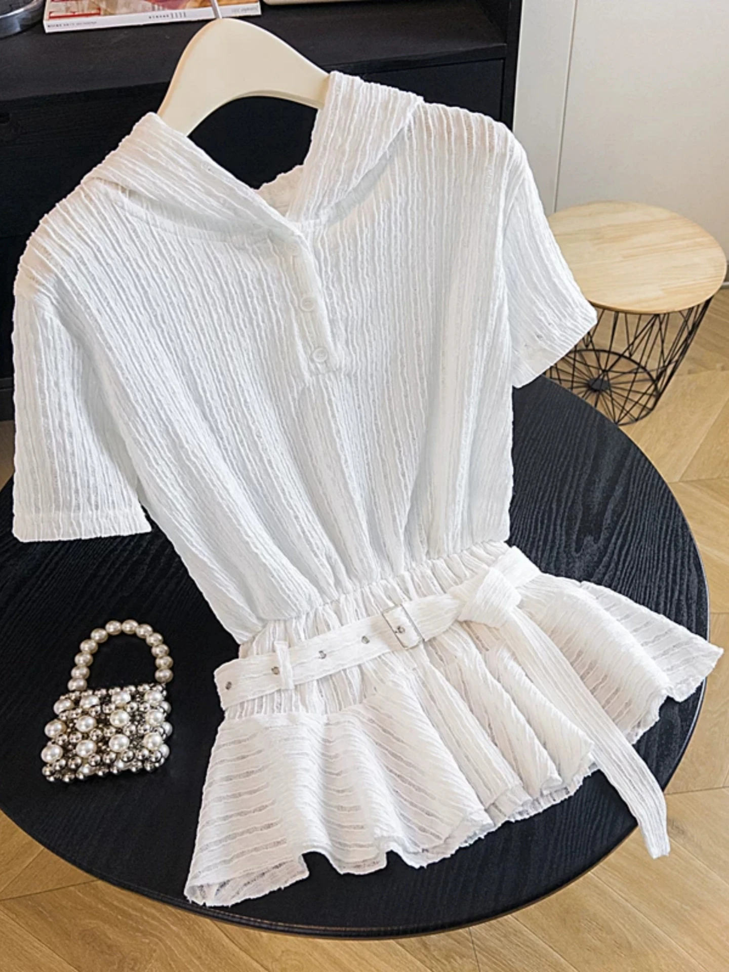 Women's Summer plus Size T-Shirt with Hood Short Sleeve Conceal Belly Belted High Waist Slimming Design Base Shirt Top