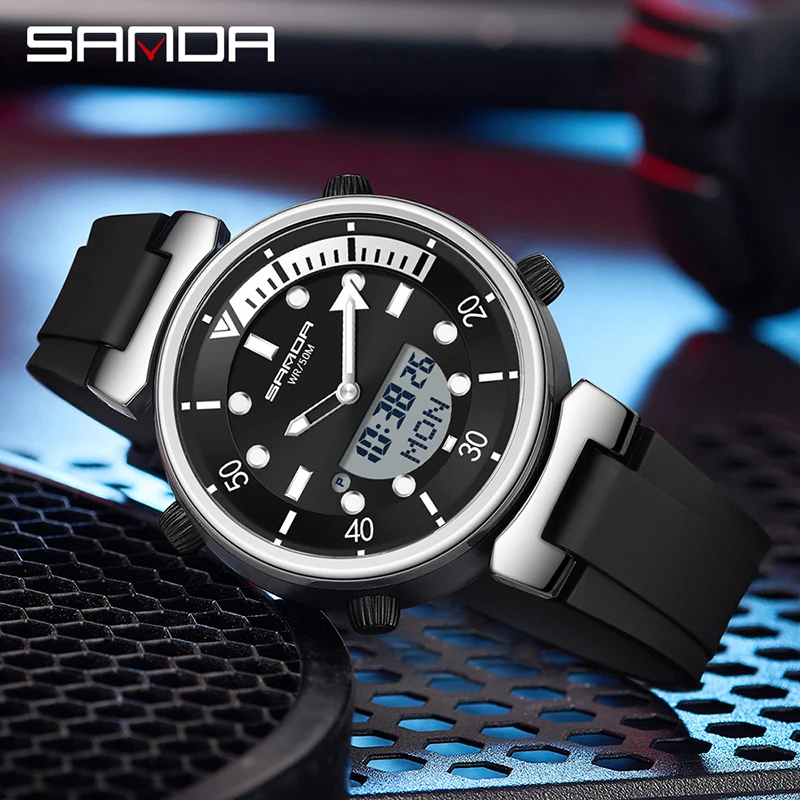 SANDA New Men Watches Fashion Sport Super Cool Quartz LED Digital Watch 50M Waterproof Wristwatch Men\'s Military Army Clock Male