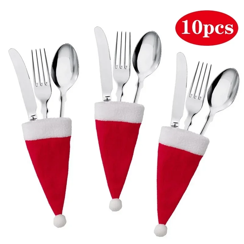 10pcs Mini Christmas Hat Tableware Knife Fork Set Holder Pocket Bag Merry Christmas Party Dinner Wine Bottle Xmas Hat Decoration