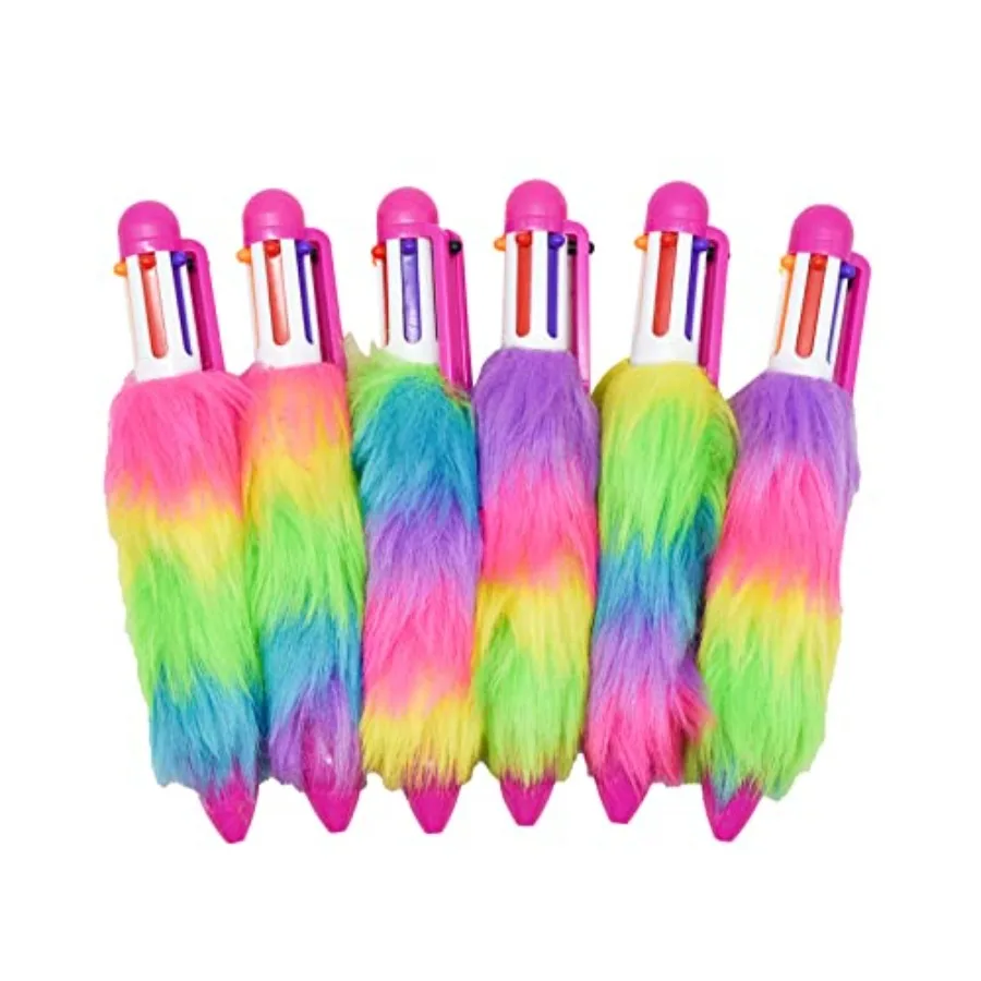 

6 Pcs 6in1 Mult Fluffy Retractable Ballpoint Pen 6 Colo Shuttle Rainbow Plush 0.5 mm Pens for Students Teache Office School Sup