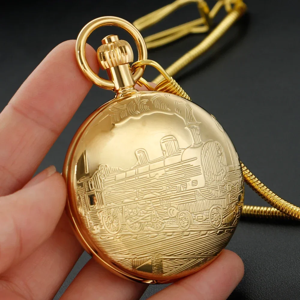 Gold Copper Steam Train Design Automatic Mechanical Men's Pocket Watch Gift Antique Steampunk Fpb Chain Timepiece PJX1771