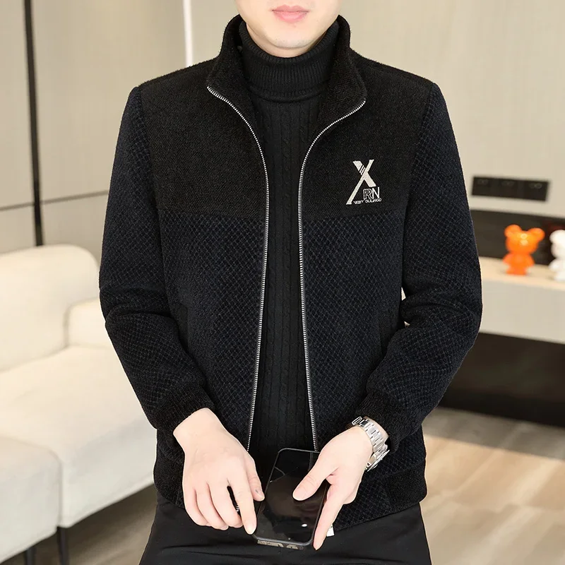 2023 Winter Patchwork Woolen Jacket Men Plush Warm Casual Stand Collar Business Office Trench Coat Streetwear Men Clothing