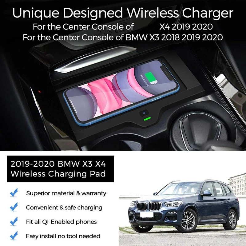 

Wireless Phone Charger For BMW X3 2018 2019 2020 BMW X4 2019 2020 ,Center Console Wireless Charging Pad Mat For All QI Enabled P