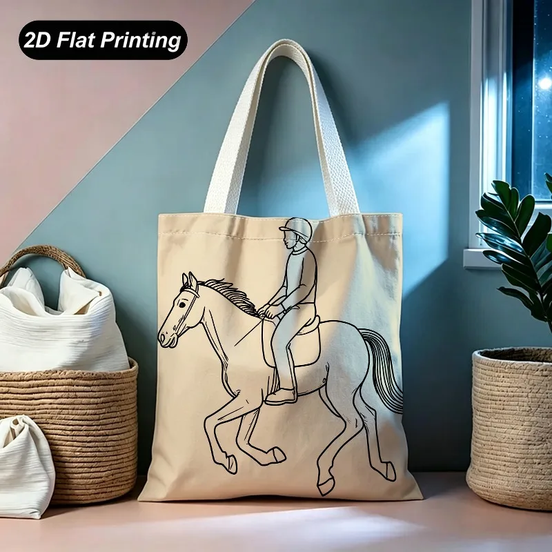 2DNew Large-capacity Tote Bag With Flat Design，Simplified Drawing Design Of A Horseback Rider，Suitable Daily Co