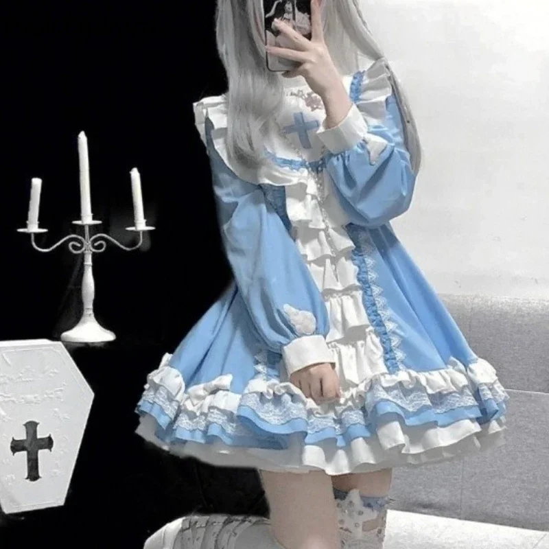 2024 Vestidos De Mujer Gothic Dress Women Lolita Style Fashion Japanese Robe Femme High Waist Patchwork Ruffles Sweet Dresses