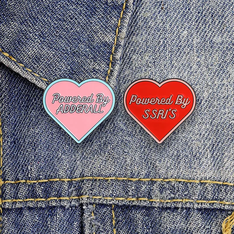 Powered By SSRIs Adderall Heart Enamel Badge Mental Health Humor Pin Brooch Jewelry Gifts For Friends