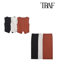 TRAF Women Fashion Stretch Knit Buttoned Waistcoat And High Elastic Waist Back Slit Long Skirt Female Two Piece Sets Mujer