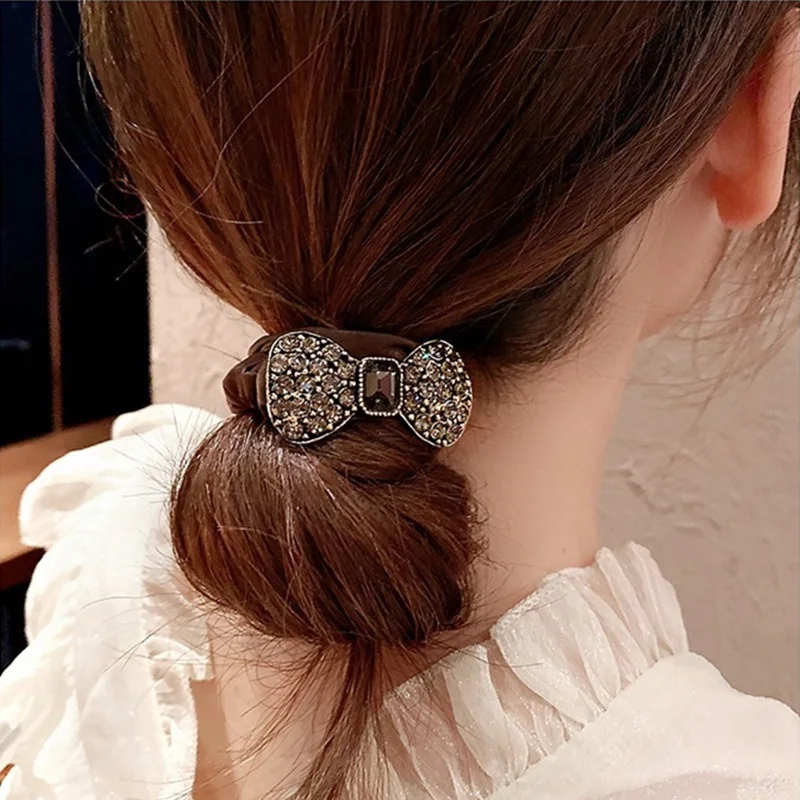 Elegant Rhinestone Bowknit Hair Rope Fashion Faux Crystal Bow Hairband For Women Girls Elastic Scrunchies Hair Accessories Gifts