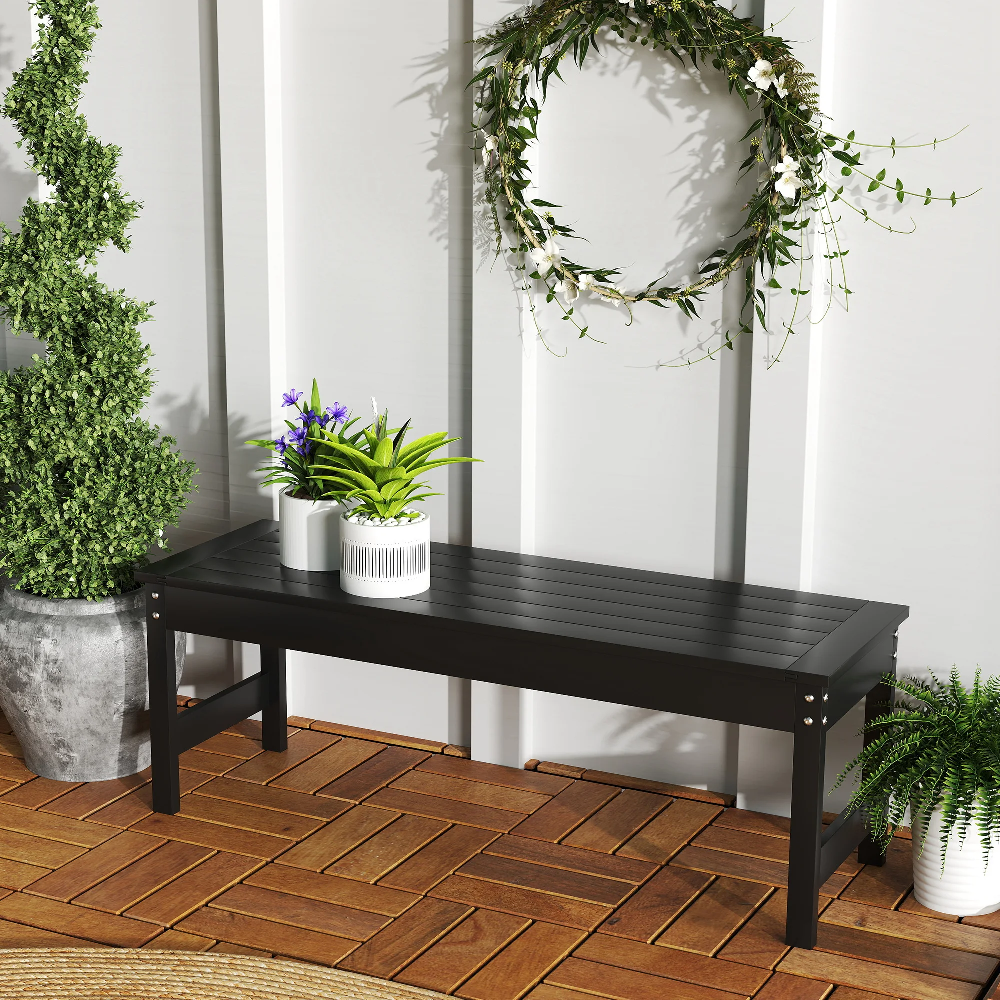47" HDPE Outdoor Bench, Backless Slatted Garden Bench Seat, Black