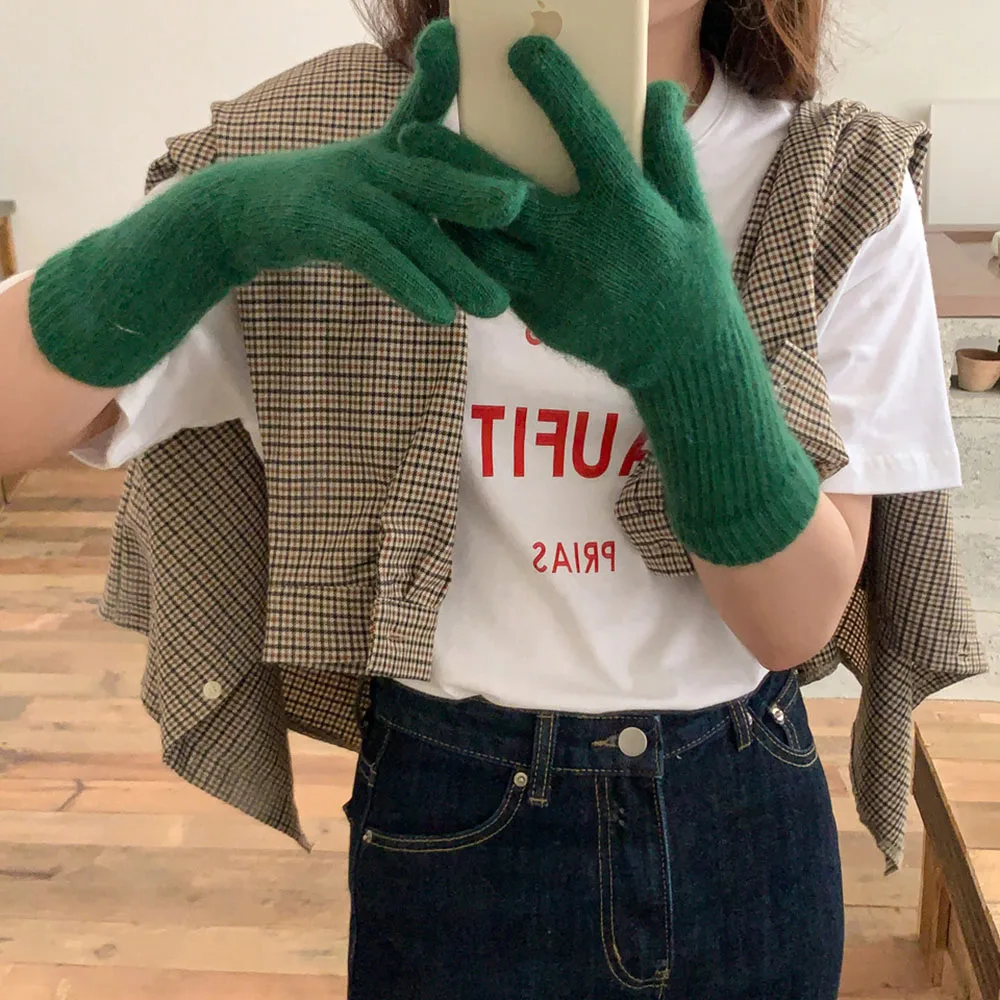 2022หญิงยืดหยุ่น Full Fingers ถุงมือยาวกระต่ายถุงมือขนแกะผู้หญิงฤดูหนาว Mittens สีทึบ Mittens Thicken ถุงมืออุ่น